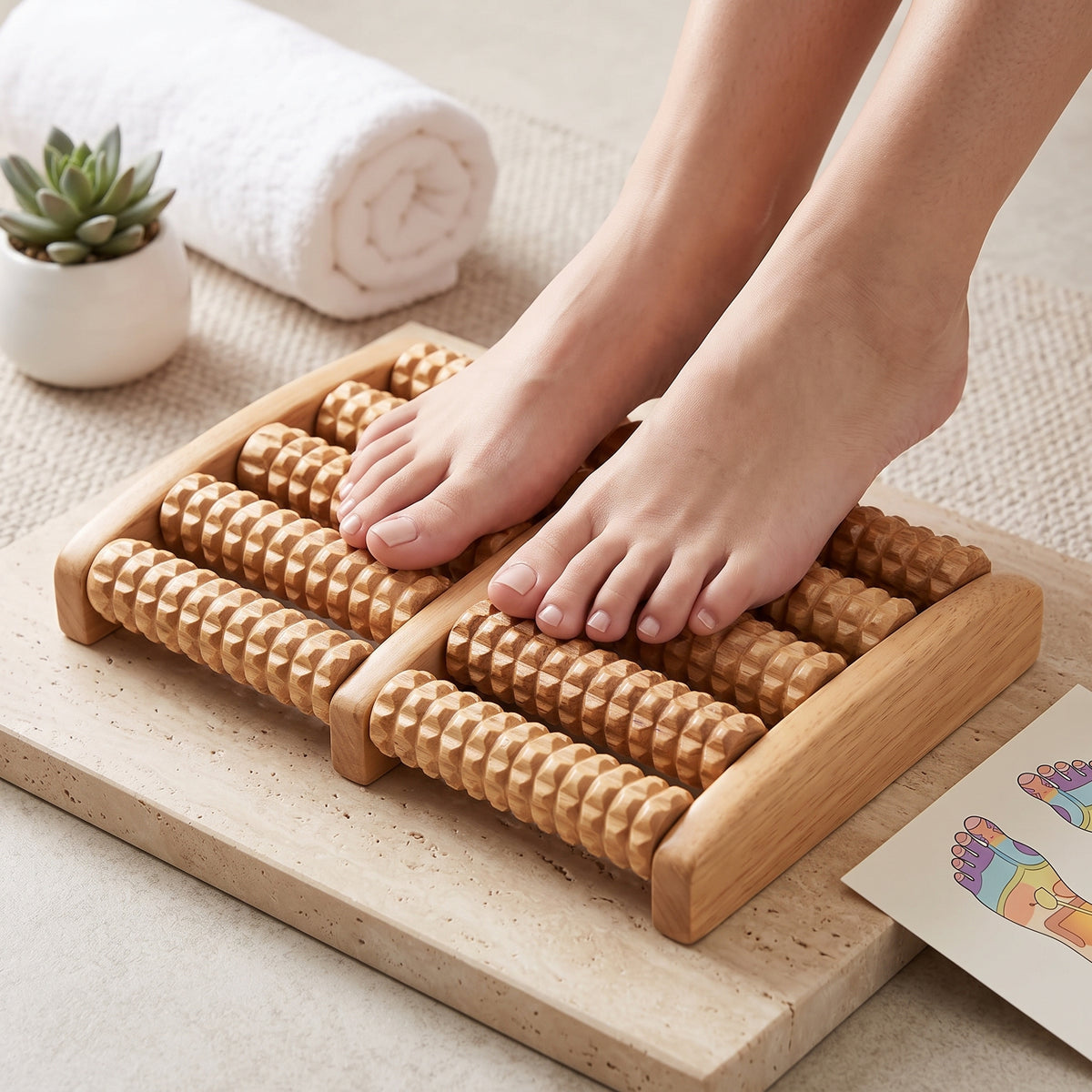 A person's feet resting on a wooden foot roller massager